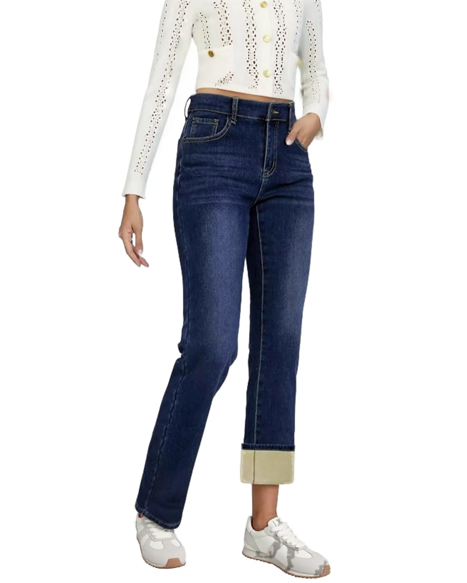 LuminBlaze Fleece-Lined Straight Leg Jean in Navy Blue