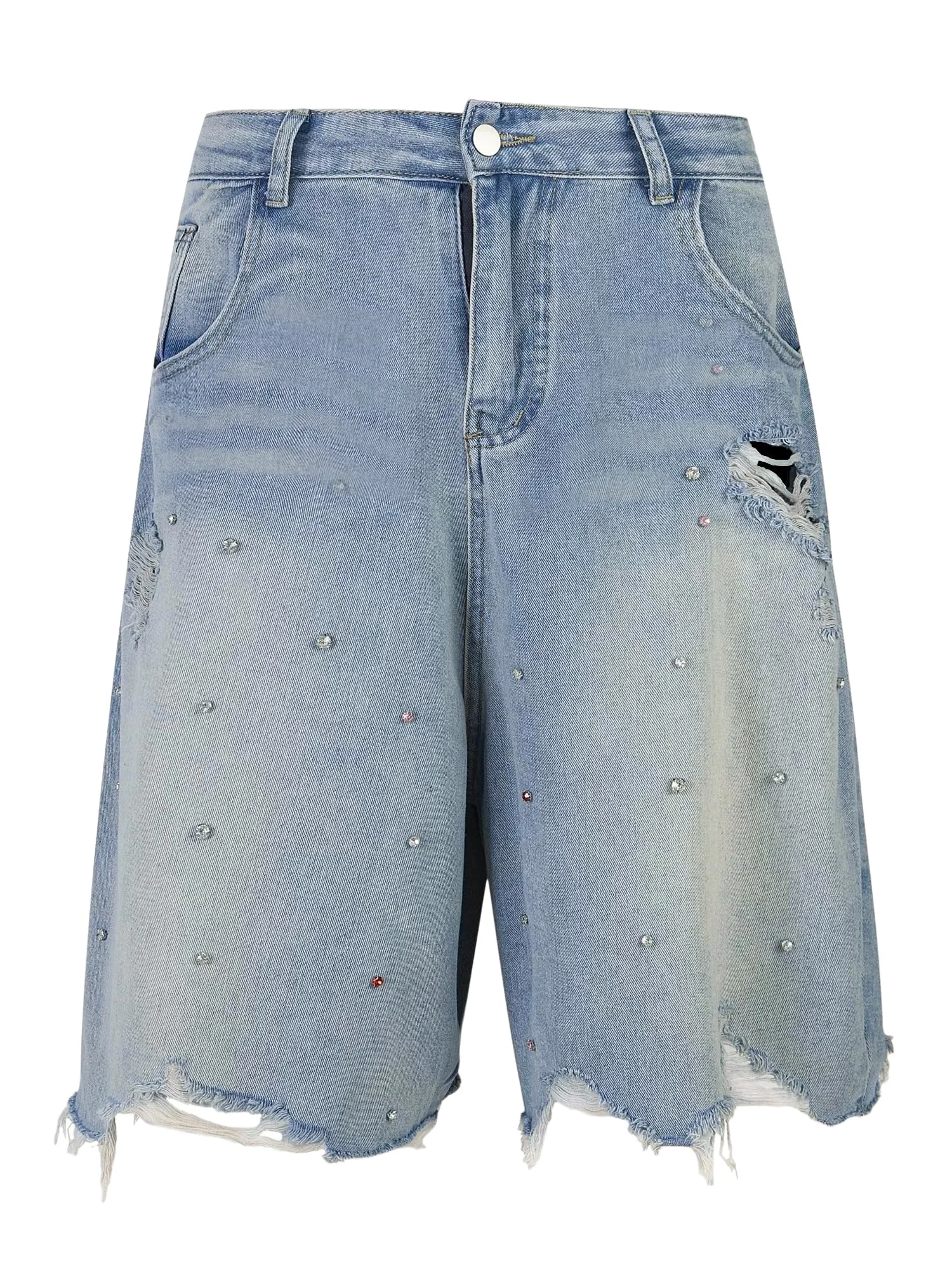 LuminBlaze Rhinestone Frayed Jort in Blue